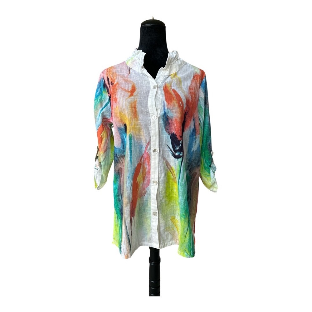 Soft Surroundings Cotton Watercolor Abstract Tunic Top Ruffle Collar 2BV80 L